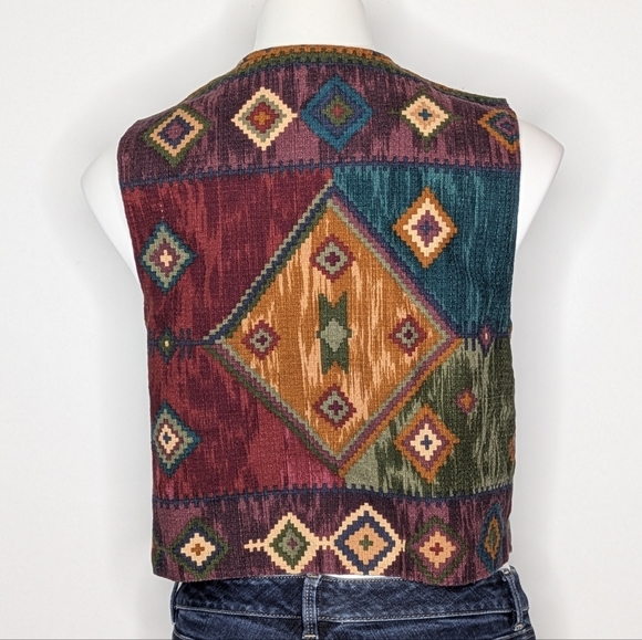 Vintage Cactus Flower Red Yellow Western Aztec Sleeveless Open Vest Cardigan L - Picture 6 of 9